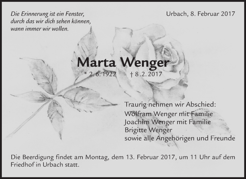  Traueranzeige für Marta Wenger vom 10.02.2017 aus Waiblinger Kreiszeitung