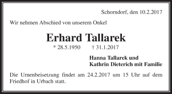 Traueranzeige von Erhard Tallarek von Waiblinger Kreiszeitung