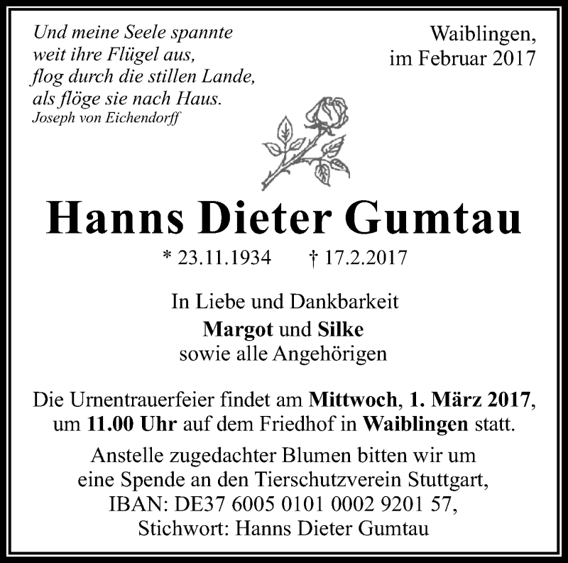  Traueranzeige für Hanns Dieter Gumtau vom 25.02.2017 aus Waiblinger Kreiszeitung