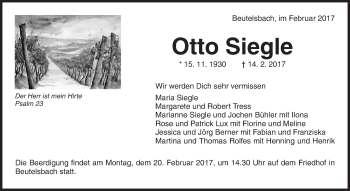Traueranzeige von Otto Siegle von Waiblinger Kreiszeitung