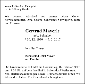 Traueranzeige von Gertrud Mayerle von Waiblinger Kreiszeitung