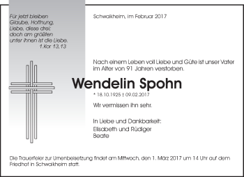 Traueranzeige von Wendelin Spohn von Waiblinger Kreiszeitung