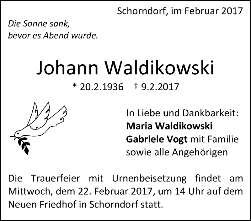  Traueranzeige für Johann Waldikowski vom 18.02.2017 aus Waiblinger Kreiszeitung