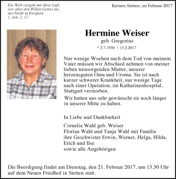 Traueranzeige von Hermine Weiser von Waiblinger Kreiszeitung