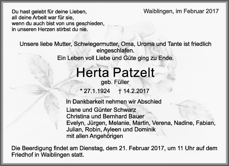  Traueranzeige für Herta Patzelt vom 18.02.2017 aus Waiblinger Kreiszeitung
