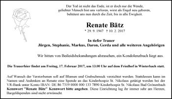Traueranzeige von Renate Bätz von Waiblinger Kreiszeitung
