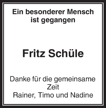 Traueranzeige von Fritz Schüle von Waiblinger Kreiszeitung