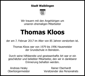 Traueranzeige von Thomas Kloos von Waiblinger Kreiszeitung