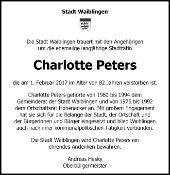 Traueranzeige von Charlotte Peters von Waiblinger Kreiszeitung
