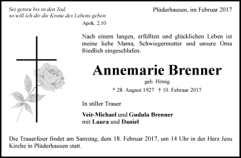 Traueranzeige von Annemarie Brenner von Waiblinger Kreiszeitung