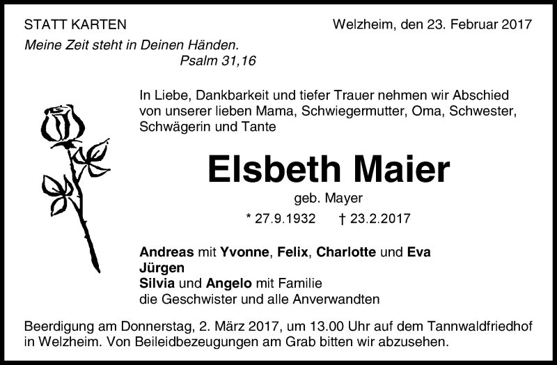  Traueranzeige für Elsbeth Maier vom 28.02.2017 aus Waiblinger Kreiszeitung