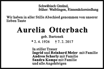 Traueranzeige von Aurelia Otterbach von Waiblinger Kreiszeitung