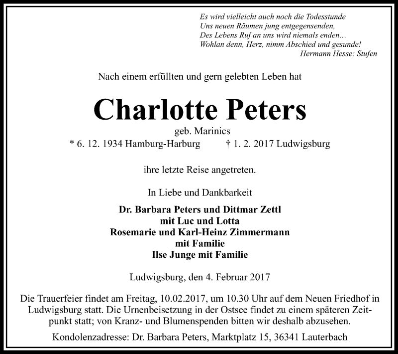  Traueranzeige für Charlotte Peters vom 04.02.2017 aus Waiblinger Kreiszeitung