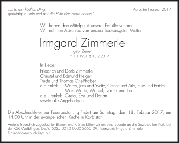 Traueranzeige von Irmgard Zimmerle von Waiblinger Kreiszeitung