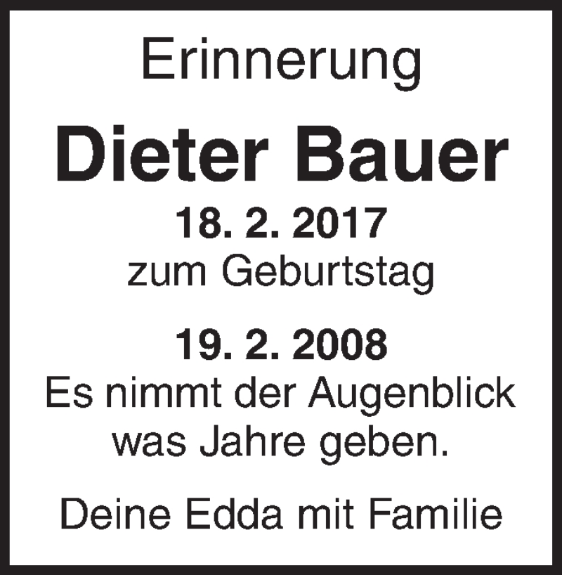  Traueranzeige für Dieter Bauer vom 18.02.2017 aus Waiblinger Kreiszeitung