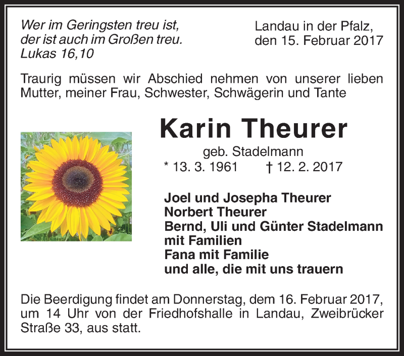  Traueranzeige für Karin Theurer vom 15.02.2017 aus Waiblinger Kreiszeitung