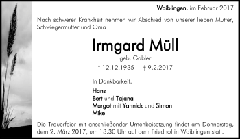 Traueranzeige von Irmgard Müll von Waiblinger Kreiszeitung