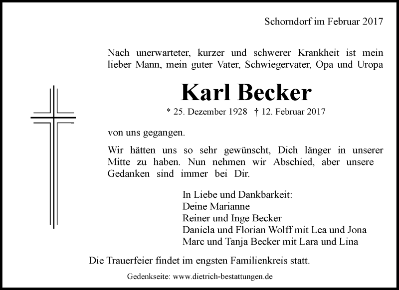  Traueranzeige für Karl Becker vom 15.02.2017 aus Waiblinger Kreiszeitung