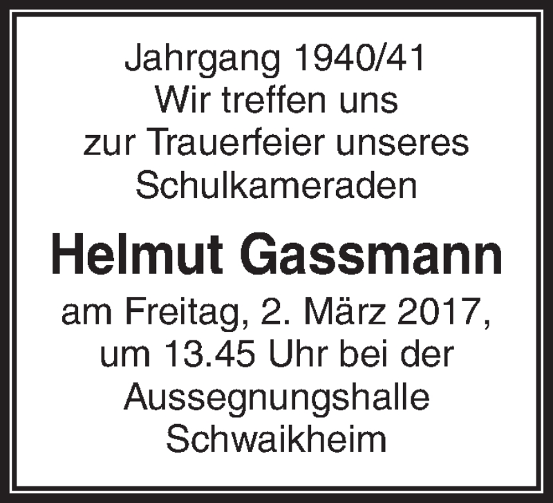  Traueranzeige für Helmut Gassmann vom 01.03.2017 aus Waiblinger Kreiszeitung