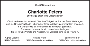 Traueranzeige von Charlotte Peters von Waiblinger Kreiszeitung