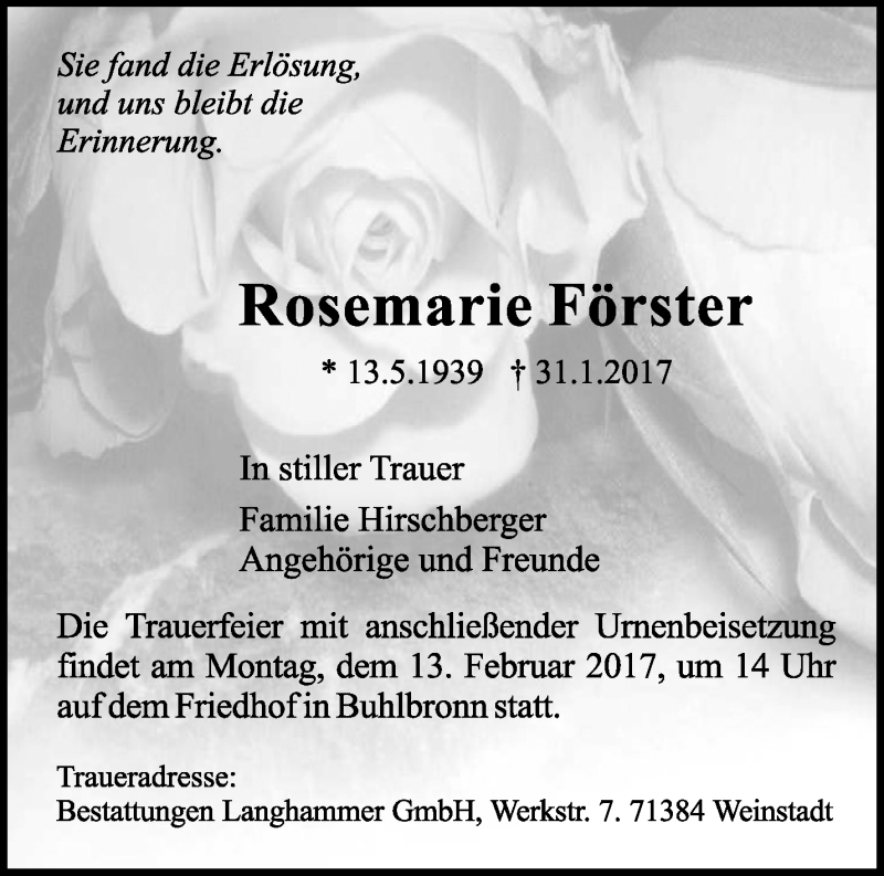  Traueranzeige für Rosemarie Förster vom 08.02.2017 aus Waiblinger Kreiszeitung