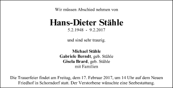Traueranzeige von Hans-Dieter Stähle von Waiblinger Kreiszeitung