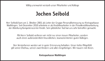 Traueranzeige von Jochen Seibold von Waiblinger Kreiszeitung