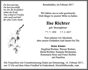 Traueranzeige von Ilse Richter von Waiblinger Kreiszeitung