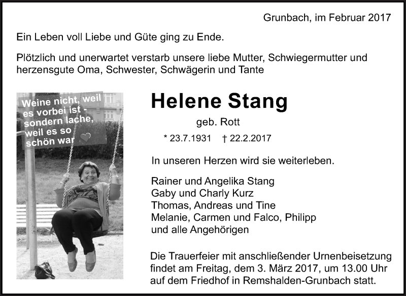  Traueranzeige für Helene Stang vom 27.02.2017 aus Waiblinger Kreiszeitung