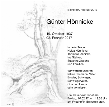 Traueranzeige von Günter Hönnicke von Waiblinger Kreiszeitung