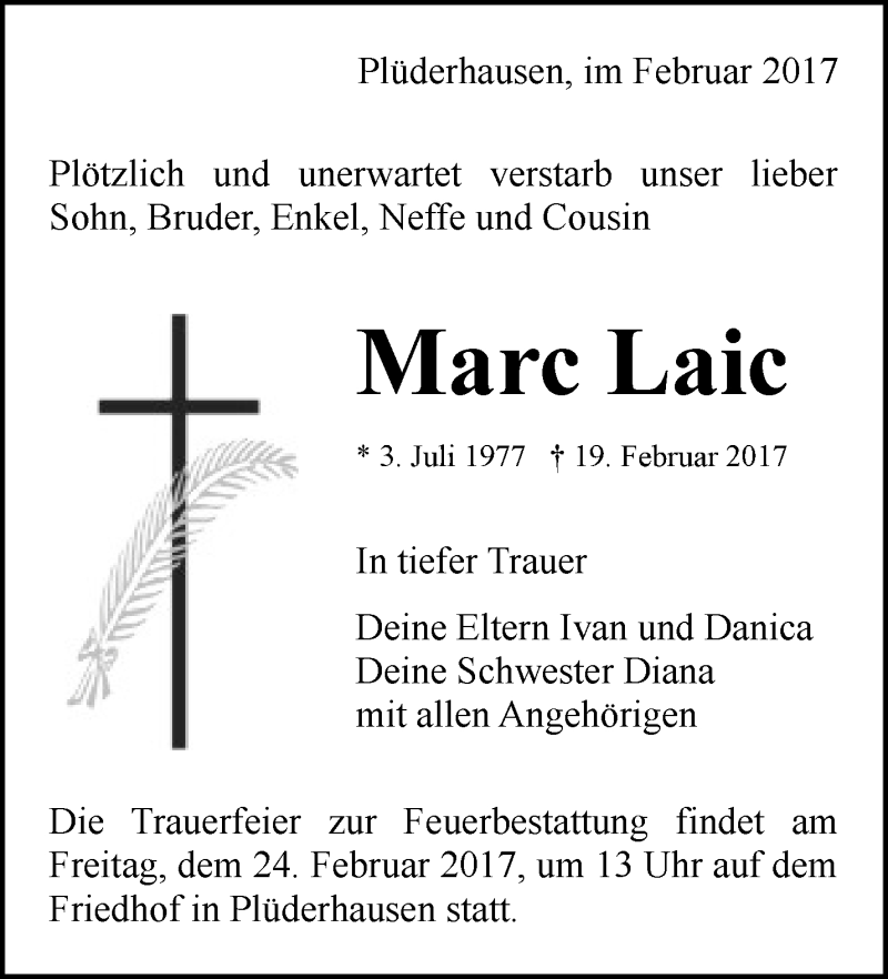  Traueranzeige für Marc Laic vom 22.02.2017 aus Waiblinger Kreiszeitung
