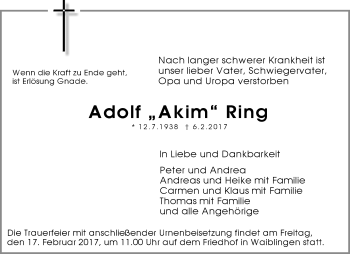 Traueranzeige von Adolf Akim Ring von Waiblinger Kreiszeitung