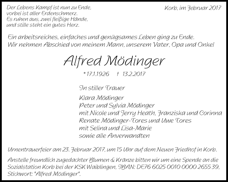  Traueranzeige für Alfred Mödinger vom 21.02.2017 aus Waiblinger Kreiszeitung