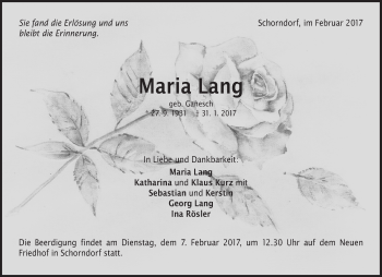 Traueranzeige von Maria Lang von Waiblinger Kreiszeitung