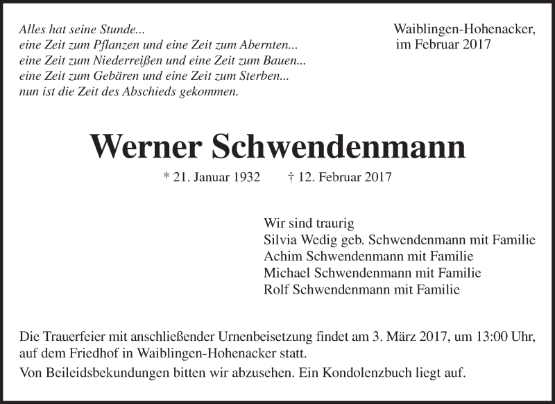  Traueranzeige für Werner Schwendenmann vom 27.02.2017 aus Waiblinger Kreiszeitung