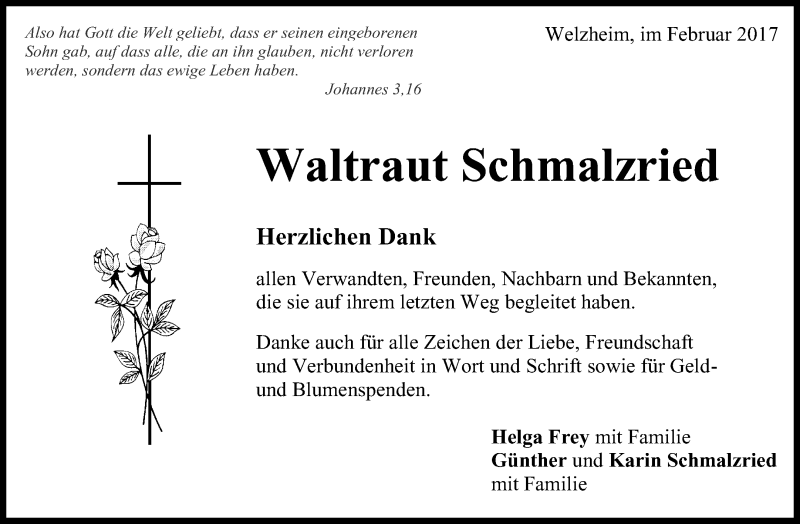  Traueranzeige für Waltraut Schmalzried vom 24.02.2017 aus Waiblinger Kreiszeitung