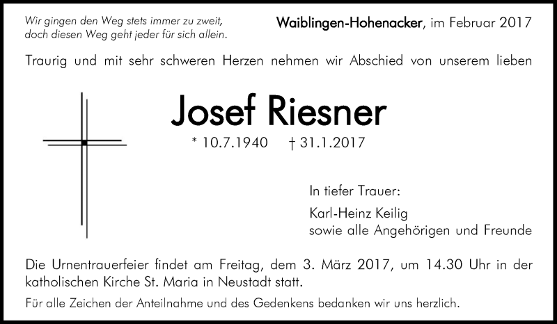  Traueranzeige für Josef Riesner vom 27.02.2017 aus Waiblinger Kreiszeitung