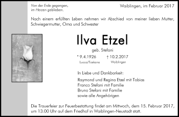 Traueranzeige von Ilva Etzel von Waiblinger Kreiszeitung