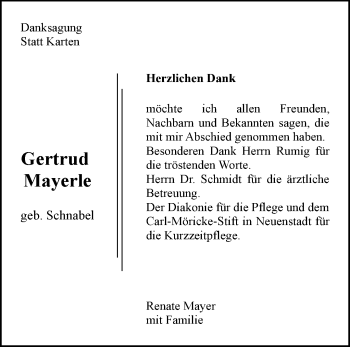 Traueranzeige von Gertrud Mayerle von Waiblinger Kreiszeitung