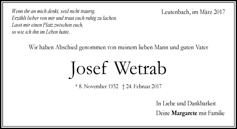  Traueranzeige für Josef Wetrab vom 16.03.2017 aus Waiblinger Kreiszeitung