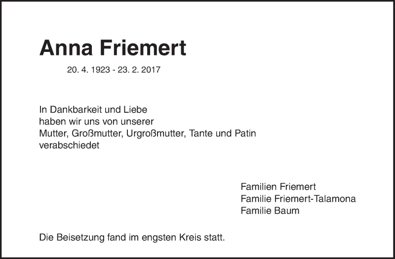  Traueranzeige für Anna Friemert vom 28.03.2017 aus Waiblinger Kreiszeitung