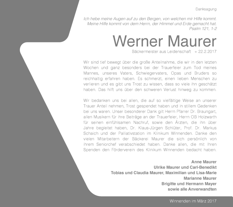  Traueranzeige für Werner Maurer vom 16.03.2017 aus Waiblinger Kreiszeitung