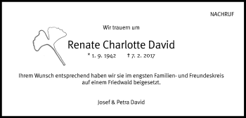 Traueranzeige von Renate Charlotte David von Waiblinger Kreiszeitung