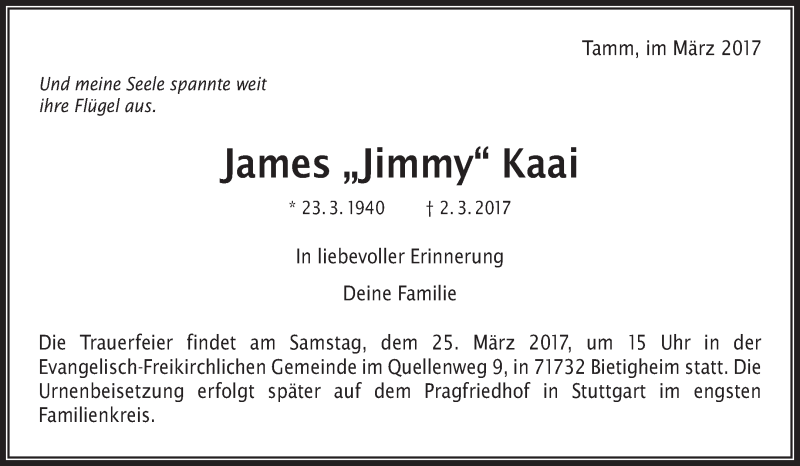  Traueranzeige für James Kaai vom 22.03.2017 aus Waiblinger Kreiszeitung