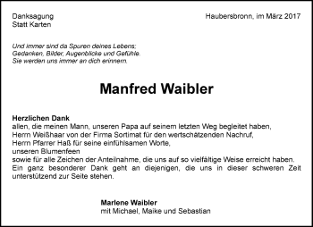 Traueranzeige von Manfred Waibler von Waiblinger Kreiszeitung