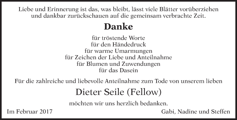  Traueranzeige für Dieter Seile vom 04.03.2017 aus Waiblinger Kreiszeitung