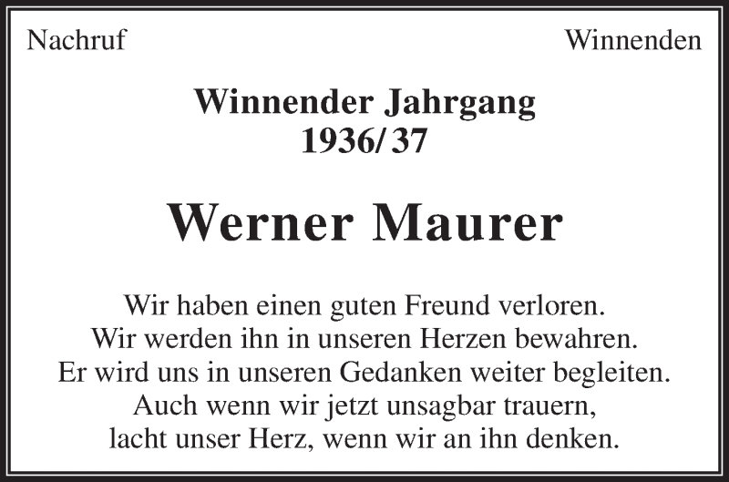  Traueranzeige für Werner Maurer vom 09.03.2017 aus Waiblinger Kreiszeitung