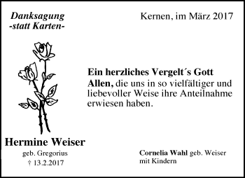Traueranzeige von Hermine Weiser von Waiblinger Kreiszeitung