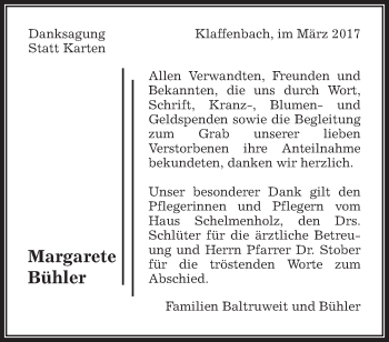 Traueranzeige von Margarete Bühler von Waiblinger Kreiszeitung