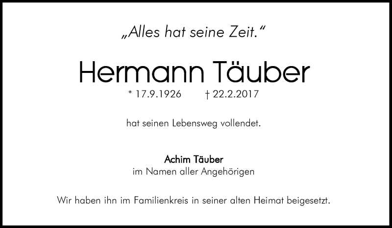  Traueranzeige für Hermann Täuber vom 11.03.2017 aus Waiblinger Kreiszeitung